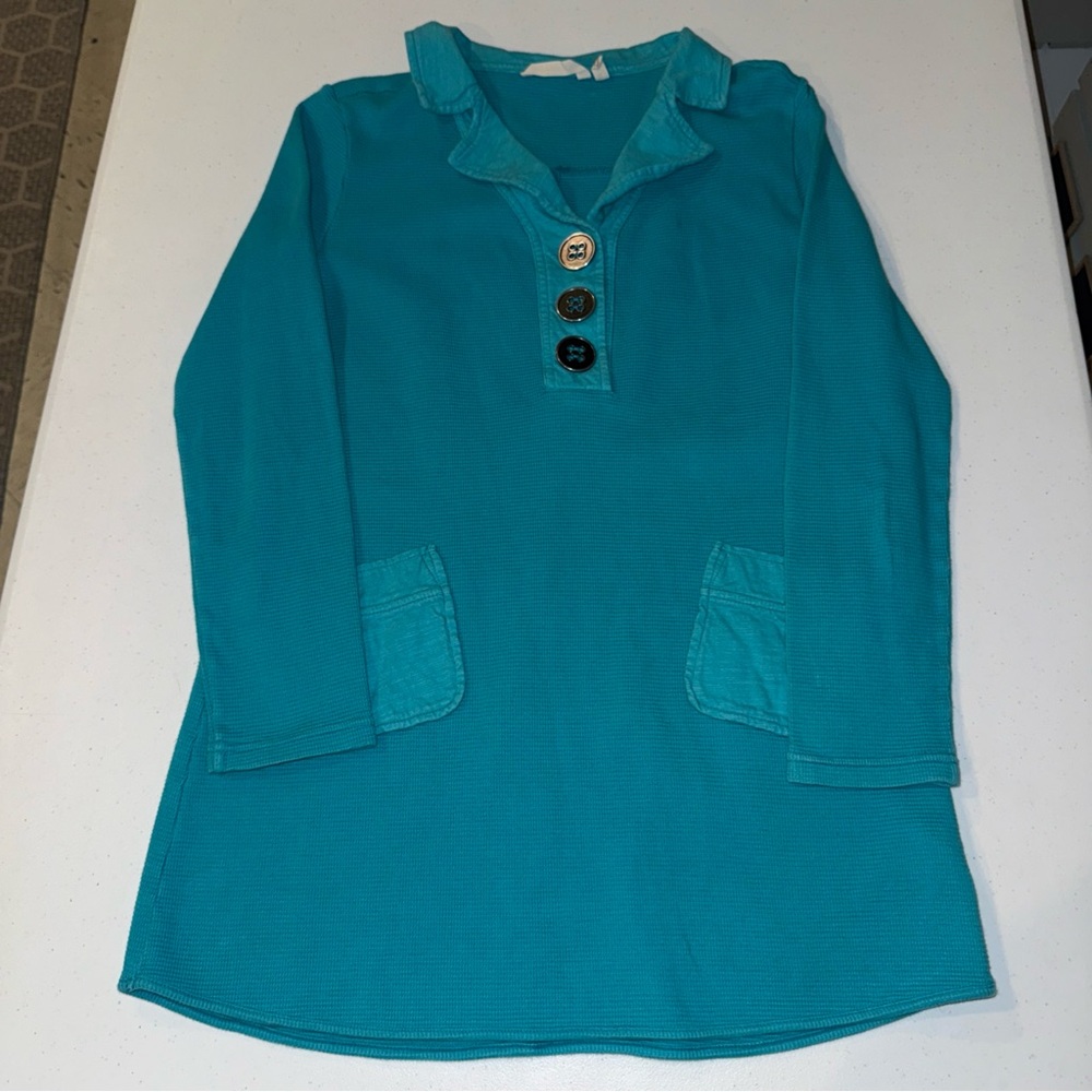 Soft Surroundings Sz Small Teal ‎ Waffle Knit Tunic Top Long Sleeve Pockets Cott